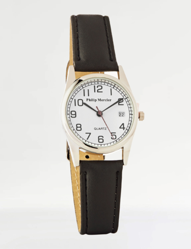 Mens Quartz Date Watch with Black Strap - Silver