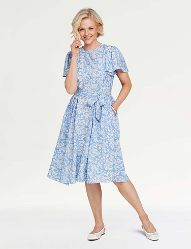 Angel Sleeve Pleat Front Print Dress